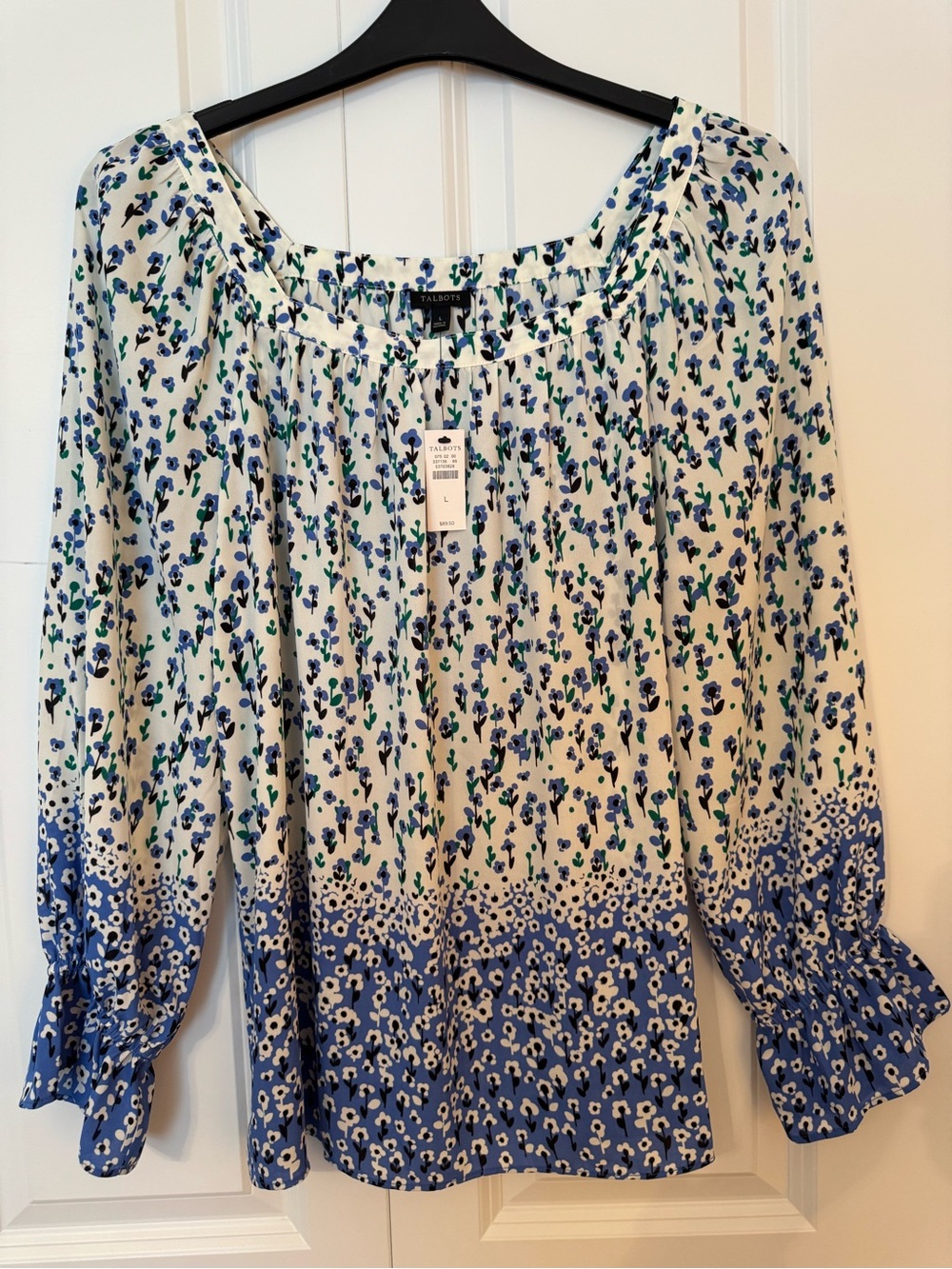 Talbots White Blouse with Blue & Green Floral Border